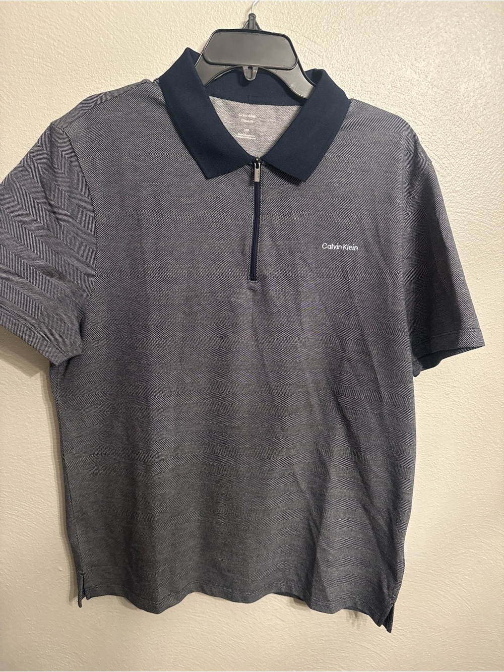 Calvin Klein Men's Heathered Navy Short-Sleeve Zip Polo